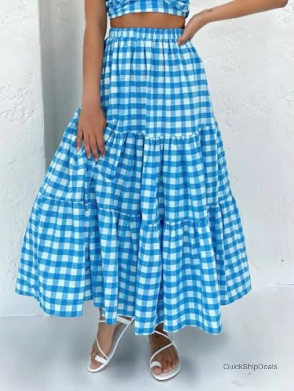 Women's 100% Cotton High Waist Plaid Tiered Maxi Skirt with Pockets Boho Flowy
